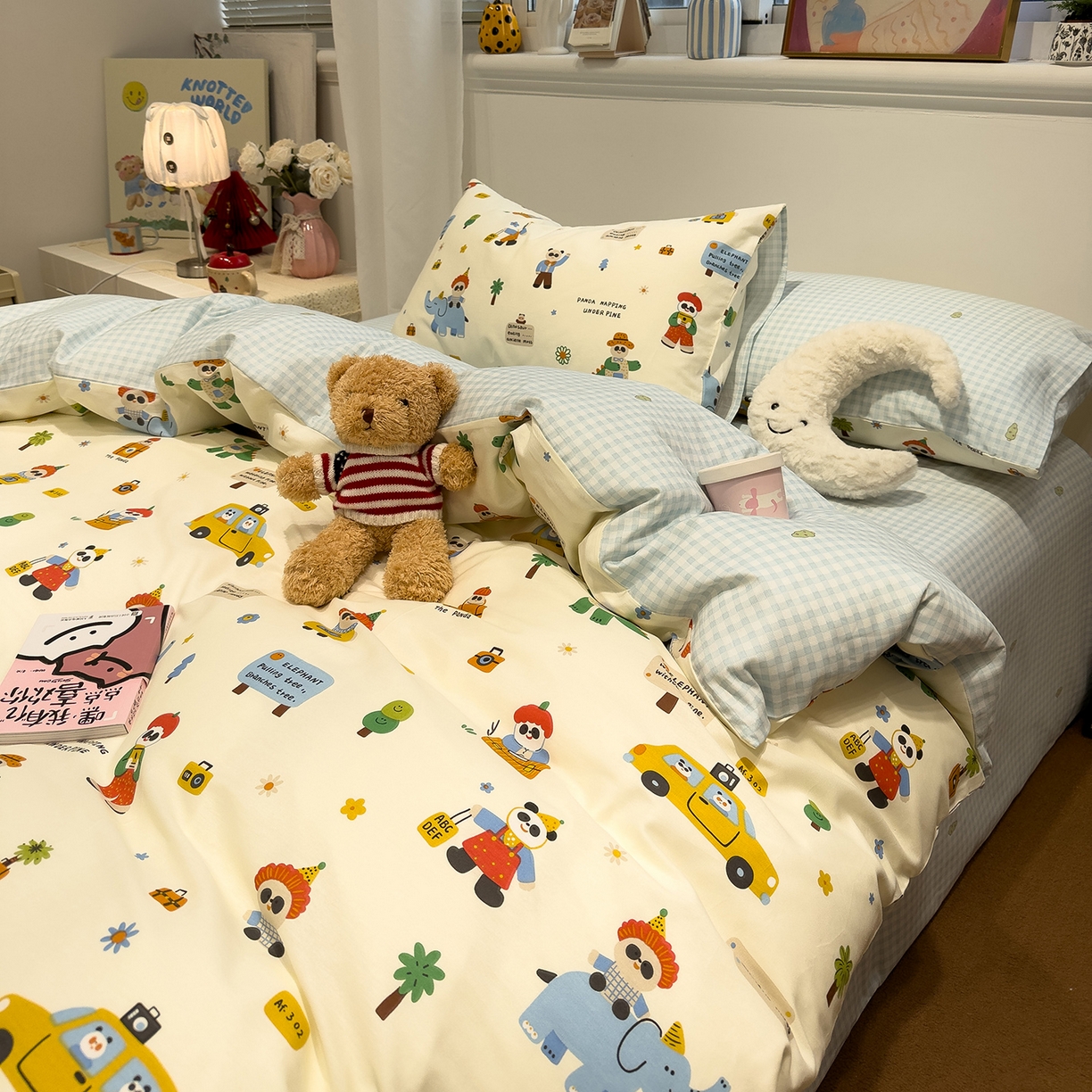 91家纺网 家纺一手货源 找家纺 呗旺鹿 2026春夏新款全棉纯棉40支12868卡通ins风四件套 熊猫总动员