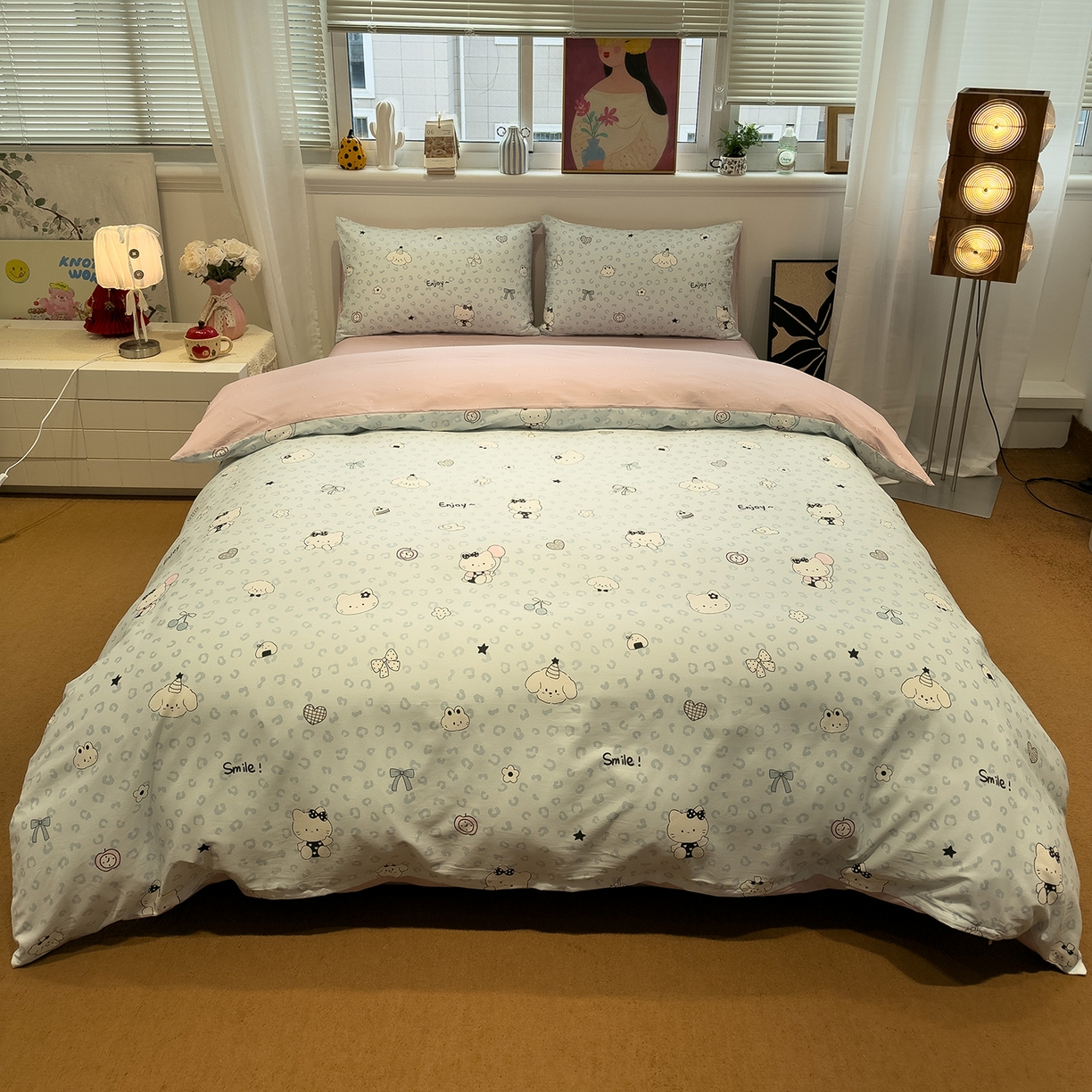 91家纺网 家纺一手货源 找家纺 呗旺鹿 2026春夏新款全棉纯棉40支12868卡通ins风四件套 H蓝豹纹咪咪狗