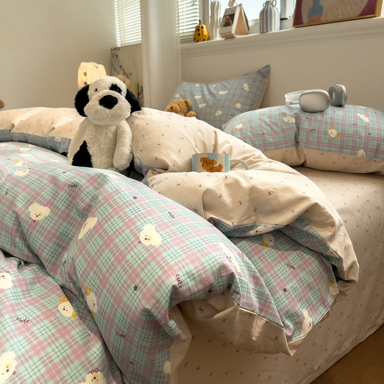 91家纺网 家纺一手货源 找家纺 呗旺鹿 2026春夏新款全棉纯棉40支12868卡通ins风四件套 聪明小狗