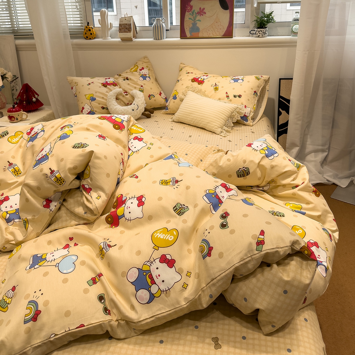 91家纺网 家纺一手货源 找家纺 呗旺鹿 2026春夏新款全棉纯棉40支12868卡通ins风四件套 嗨皮猫