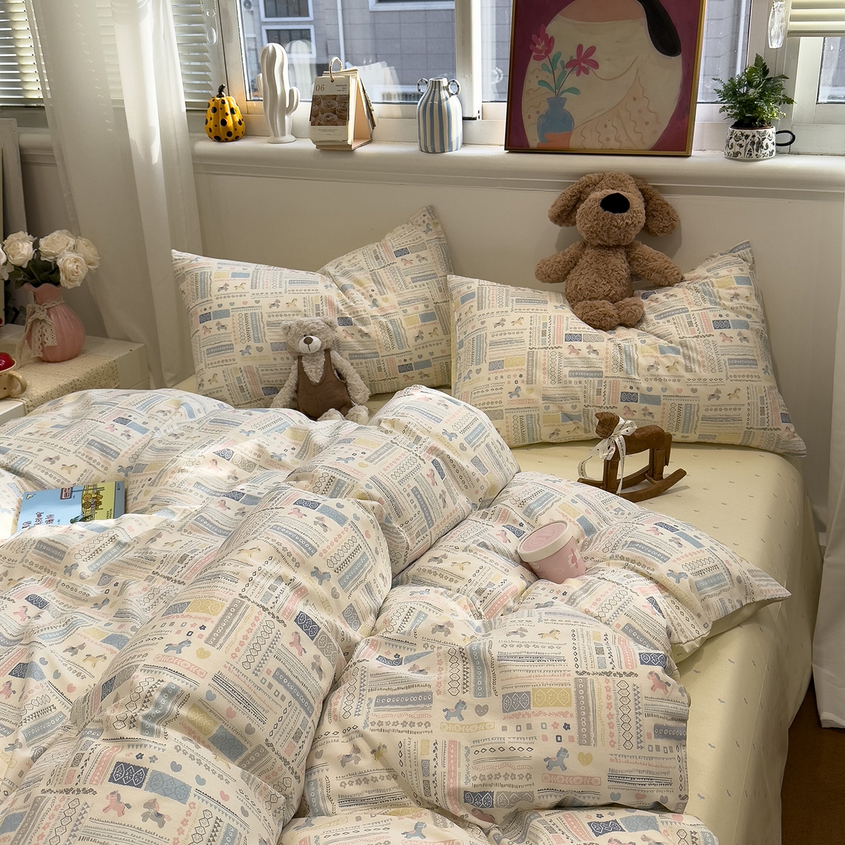 91家纺网 家纺一手货源 找家纺 呗旺鹿 2026春夏新款全棉纯棉40支12868卡通ins风四件套 奔腾小马