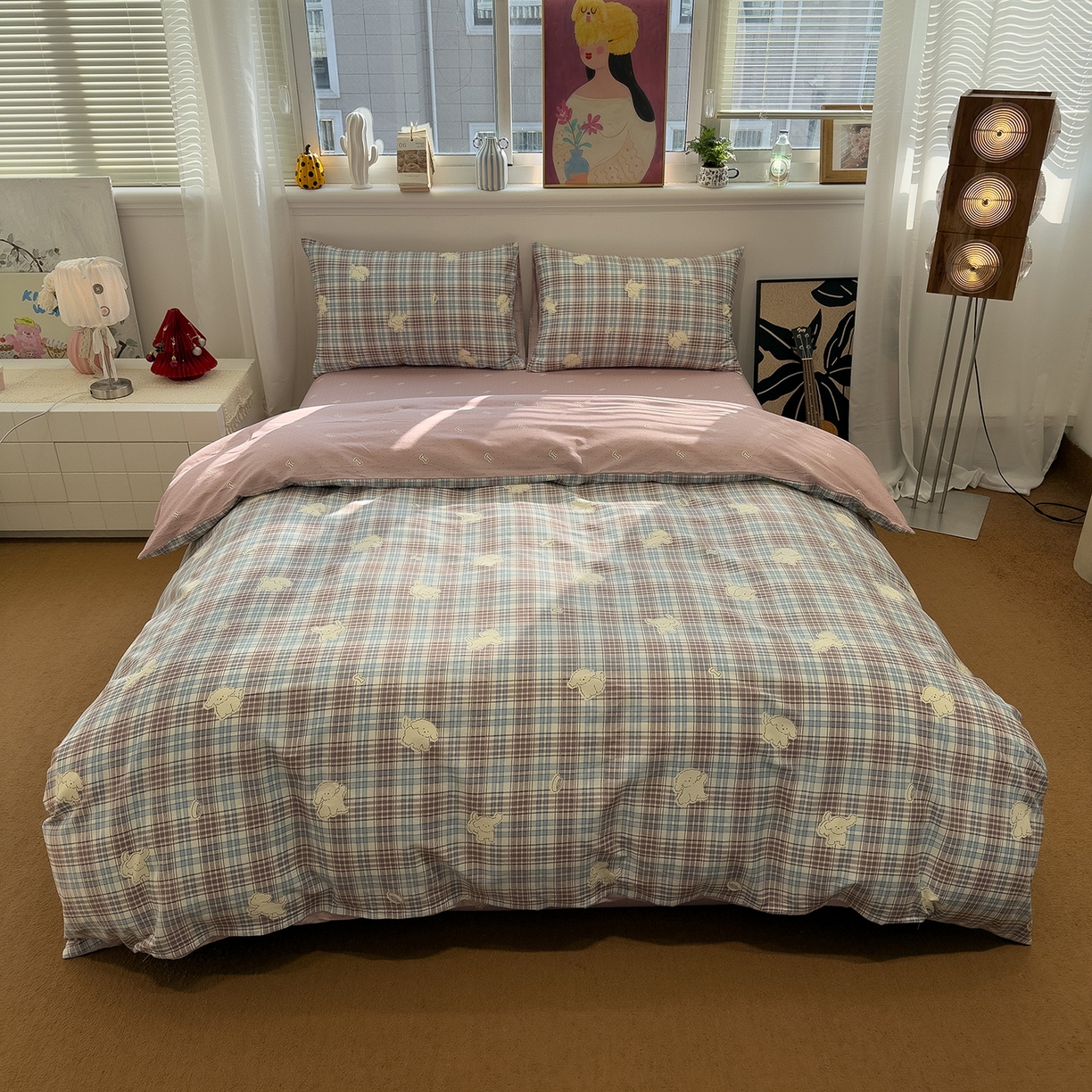 91家纺网 家纺一手货源 找家纺 呗旺鹿 2026春夏新款全棉纯棉40支12868卡通ins风四件套 H英伦格子小狗