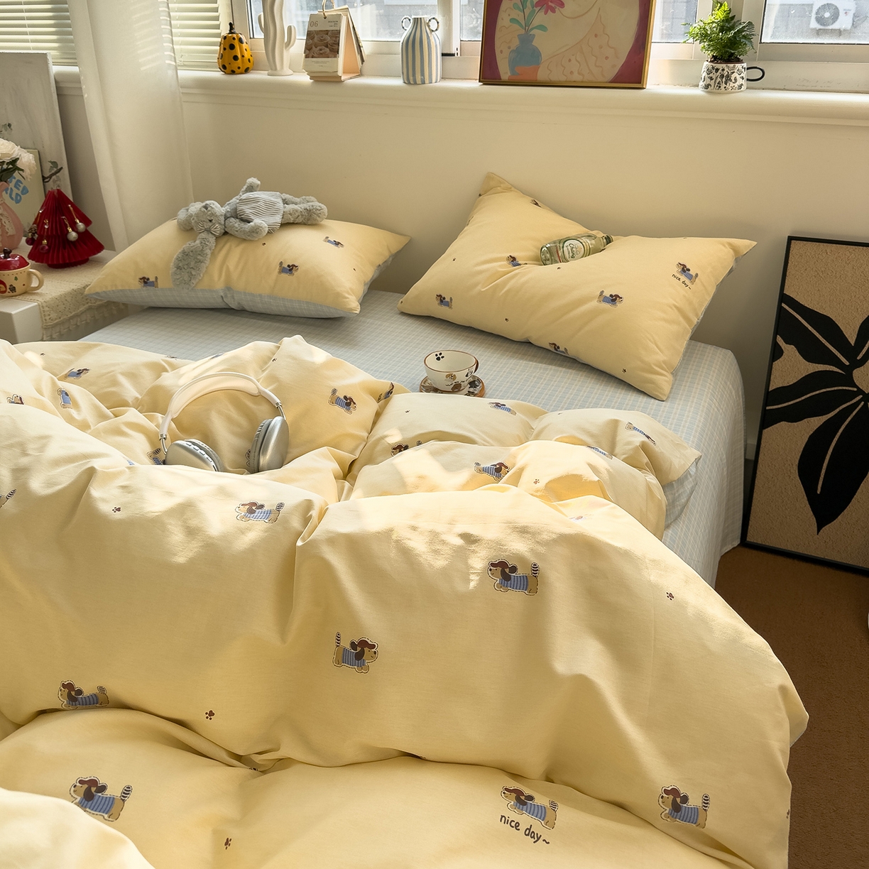 91家纺网 家纺一手货源 找家纺 呗旺鹿 2026春夏新款全棉纯棉40支12868卡通ins风四件套 运动小狗