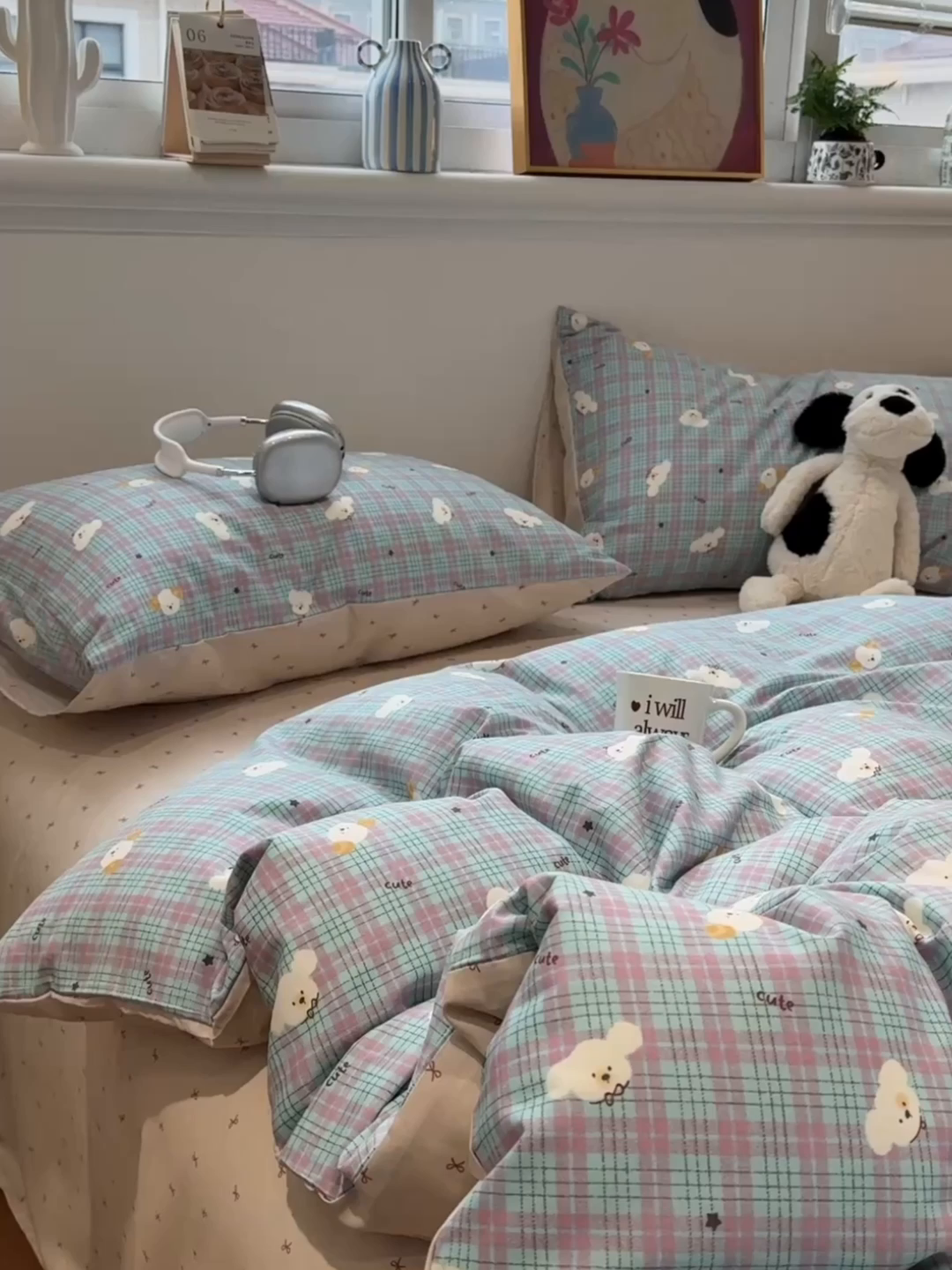 91家纺网 家纺一手货源 找家纺 呗旺鹿 2026春夏新款全棉纯棉40支12868卡通ins风四件套 聪明小狗