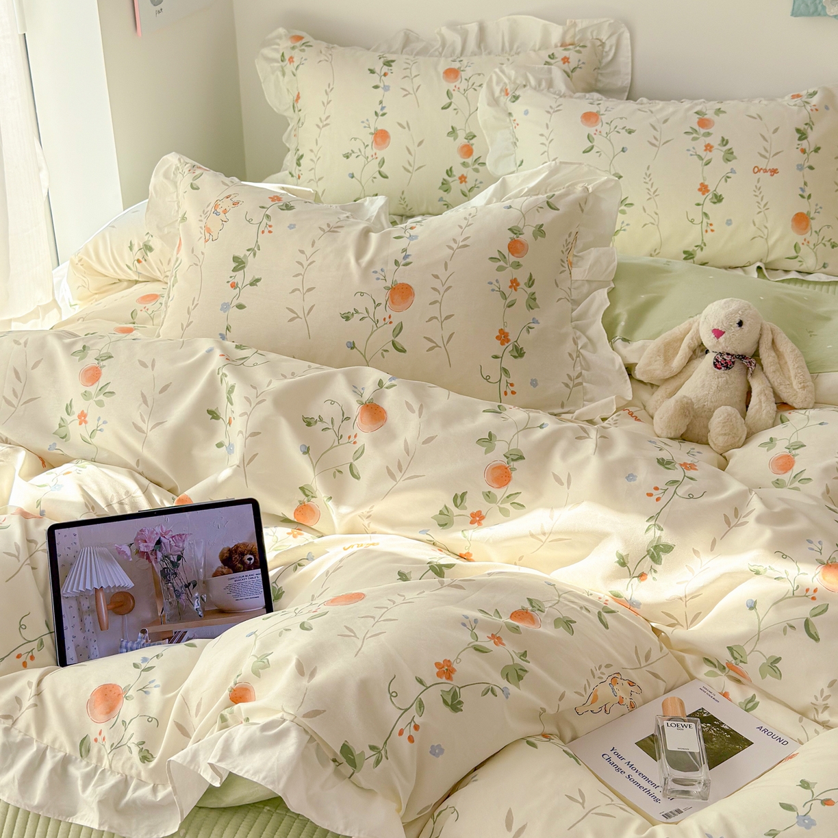 91家纺网 家纺一手货源 找家纺 简宜家居（朝初家纺） 2026新款全棉绗缝花边床盖四件套 牵藤兔