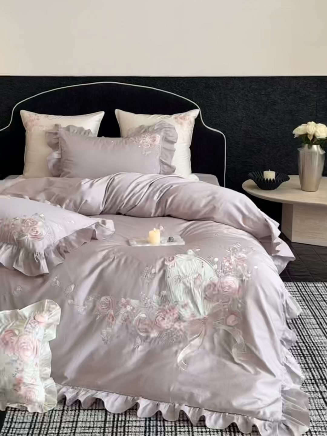 91家纺网 家纺一手货源 找家纺 鹿班家居 2026新款100S长绒棉纯棉精密刺绣系列四件套-邂逅庄园（标准会员-20元) 邂逅庄园-紫色