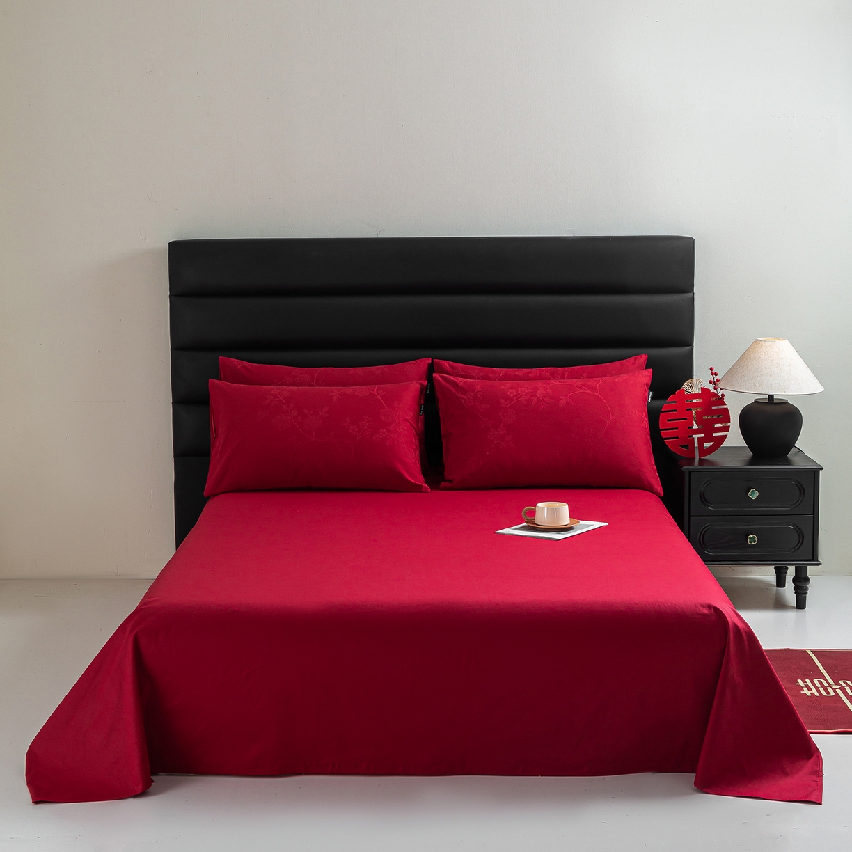 91家纺网 家纺一手货源 找家纺 （总）典曼家纺 2026新款全棉贡缎提花红色婚庆纯棉四件套