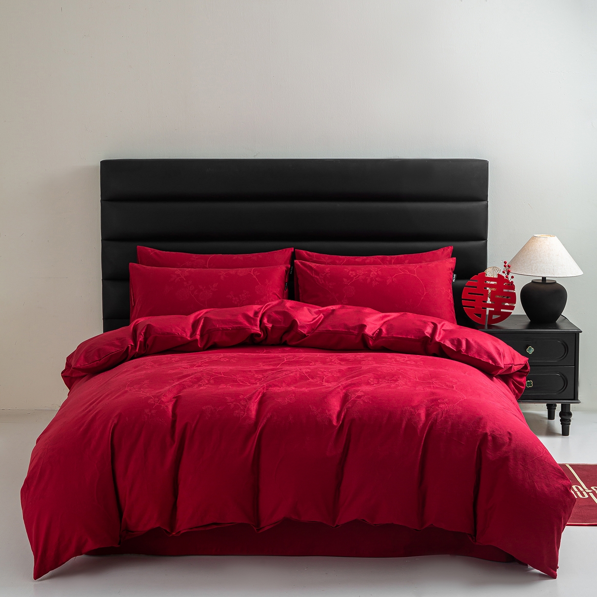 91家纺网 家纺一手货源 找家纺 （总）典曼家纺 2026新款全棉贡缎提花红色婚庆纯棉四件套