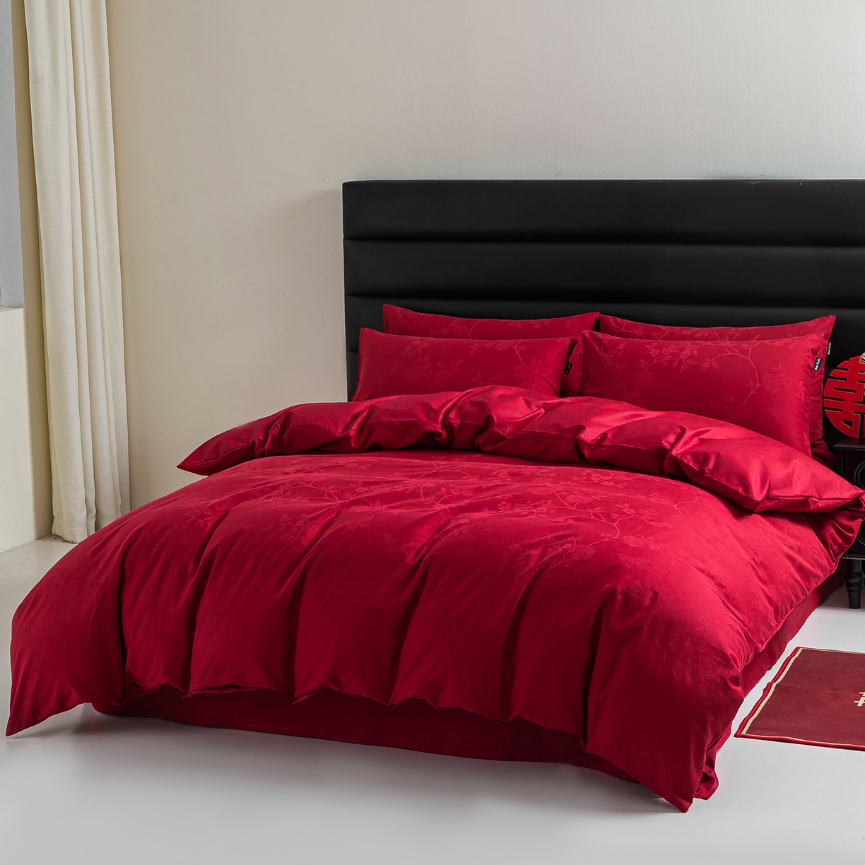 91家纺网 家纺一手货源 找家纺 （总）典曼家纺 2026新款全棉贡缎提花红色婚庆纯棉四件套