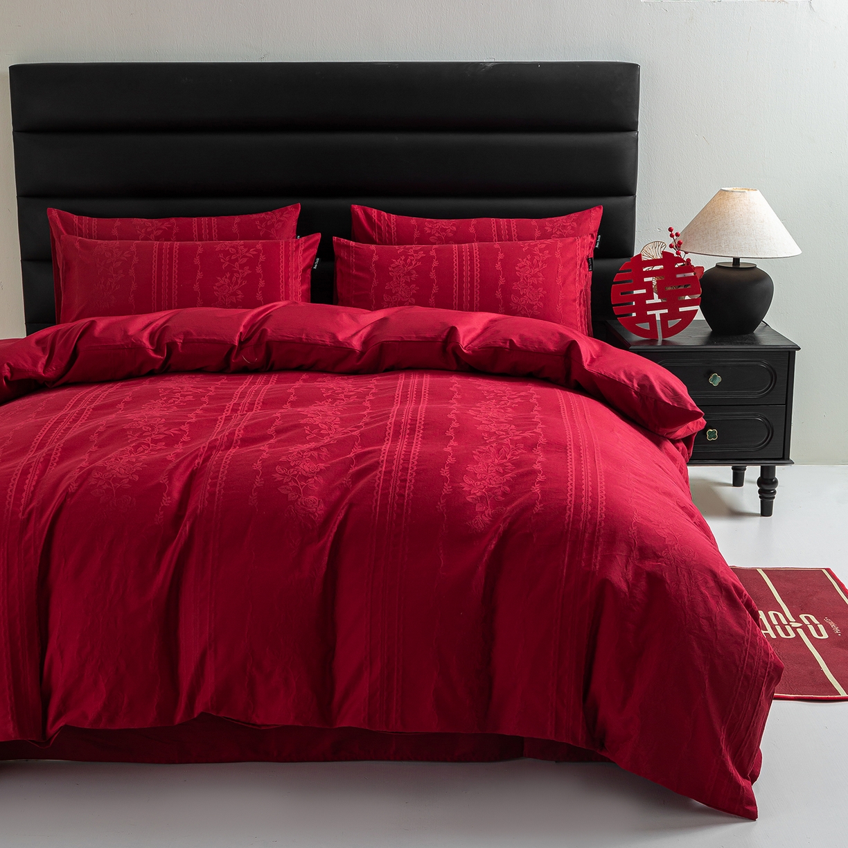 91家纺网 家纺一手货源 找家纺 （总）典曼家纺 2026新款全棉贡缎提花红色婚庆纯棉四件套