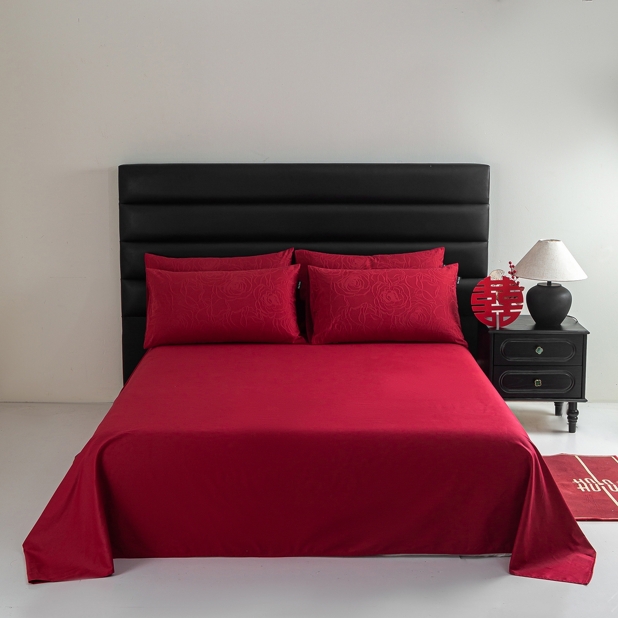 91家纺网 家纺一手货源 找家纺 典曼家纺 2026新款全棉贡缎提花红色婚庆纯棉四件套 玫香