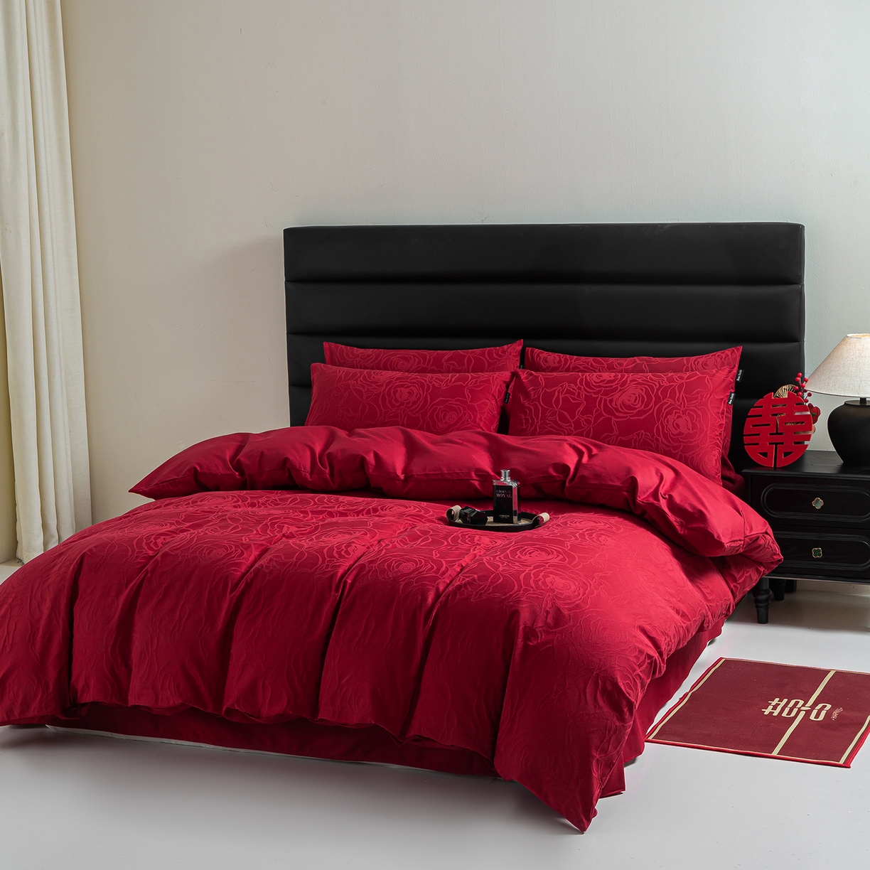 91家纺网 家纺一手货源 找家纺 典曼家纺 2026新款全棉贡缎提花红色婚庆纯棉四件套 玫香