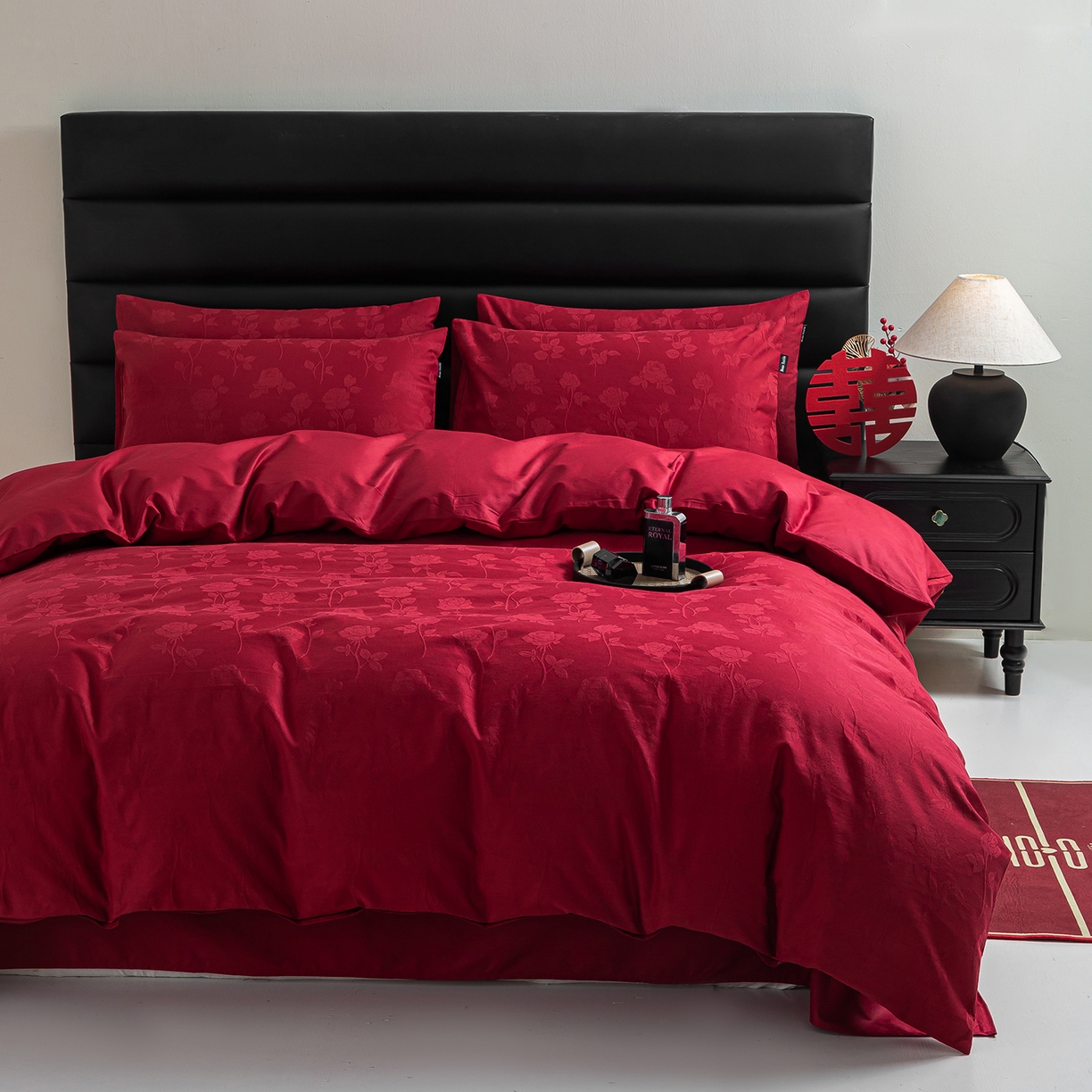 典曼家纺 2026新款全棉贡缎提花红色婚庆纯棉四件套 岁月留声