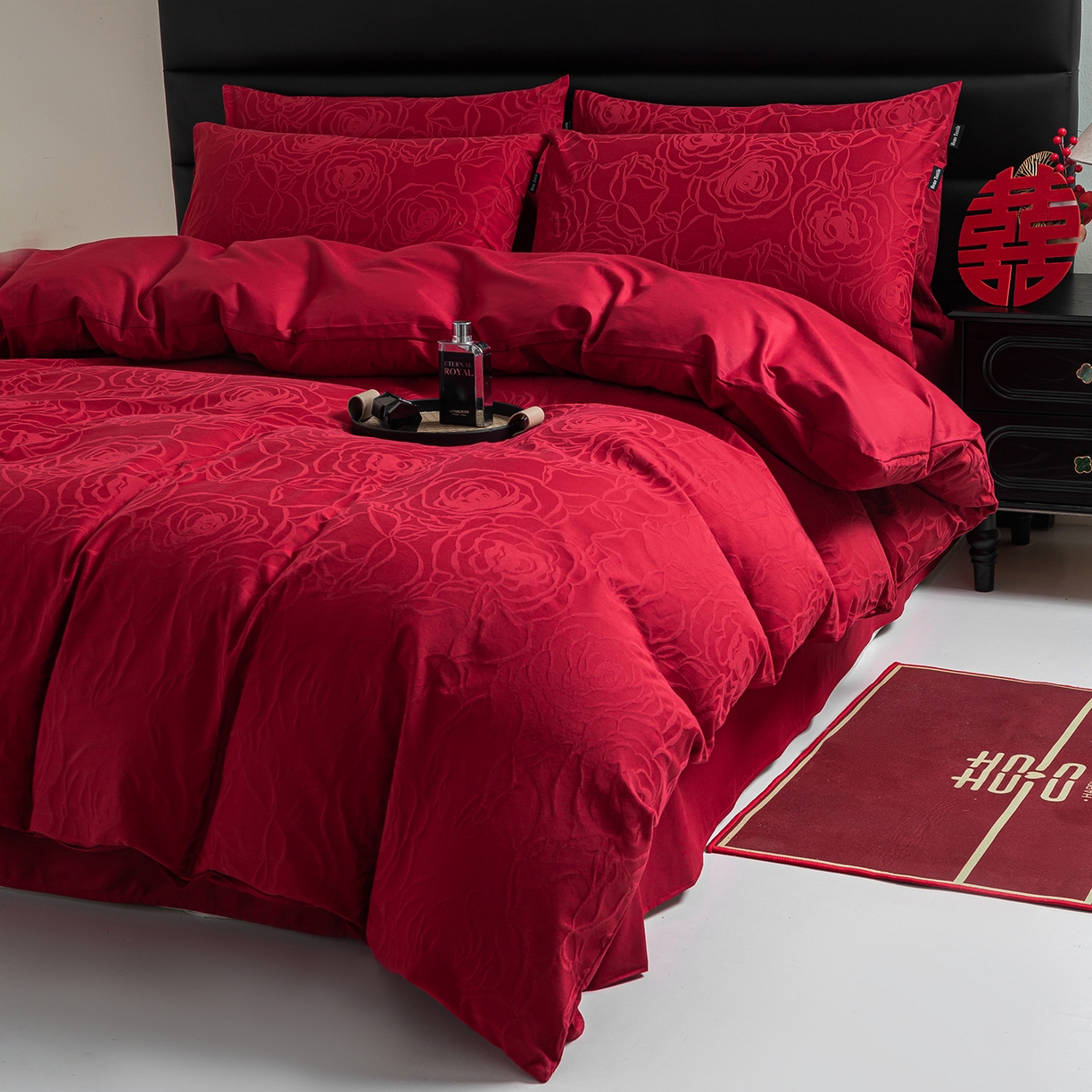 91家纺网 家纺一手货源 找家纺 典曼家纺 2026新款全棉贡缎提花红色婚庆纯棉四件套 玫香