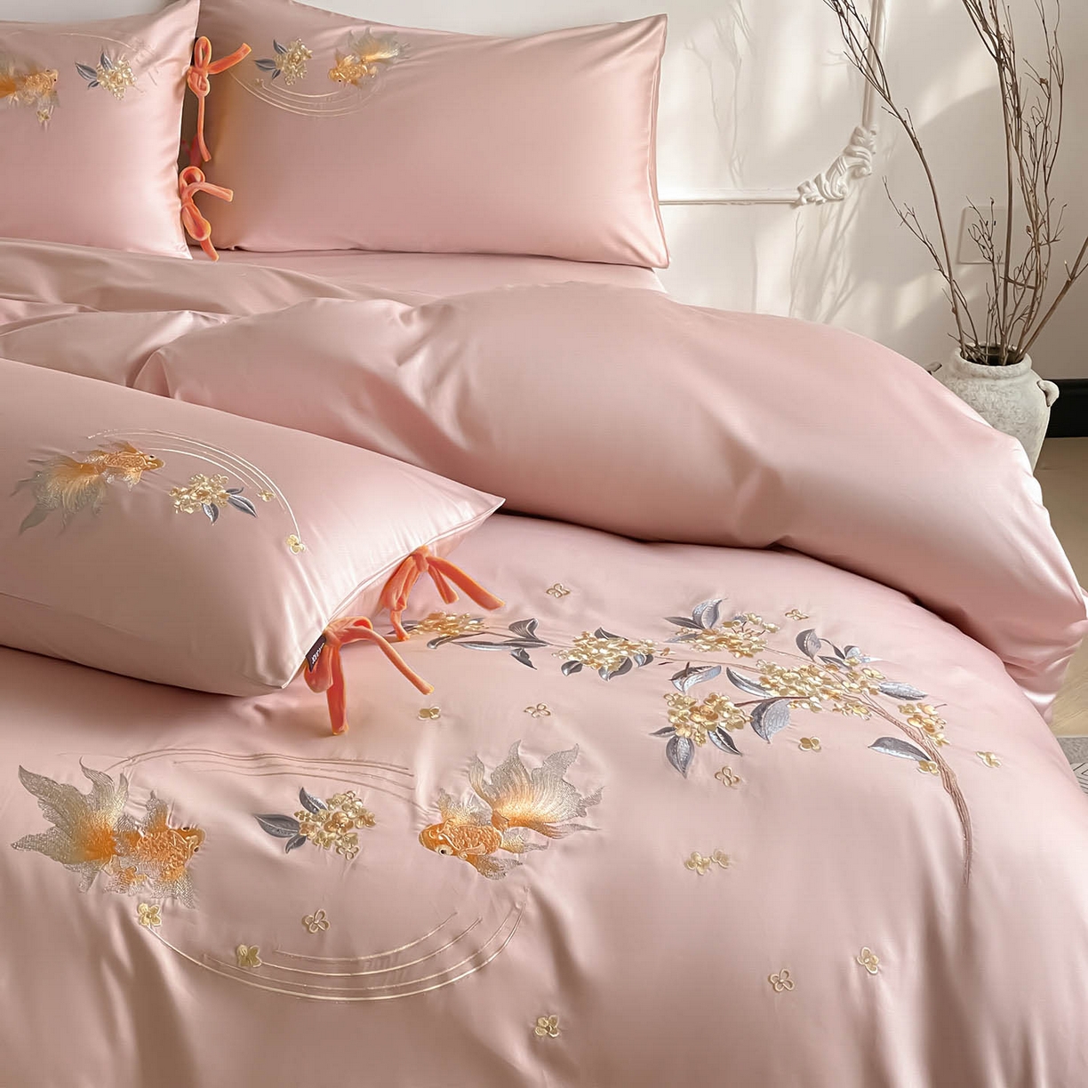 91家纺网 家纺一手货源 找家纺 （总） 2026新款50S双股A类长绒棉纯棉四件套全棉喜庆刺绣被套床单床笠-福瑞锦鲤