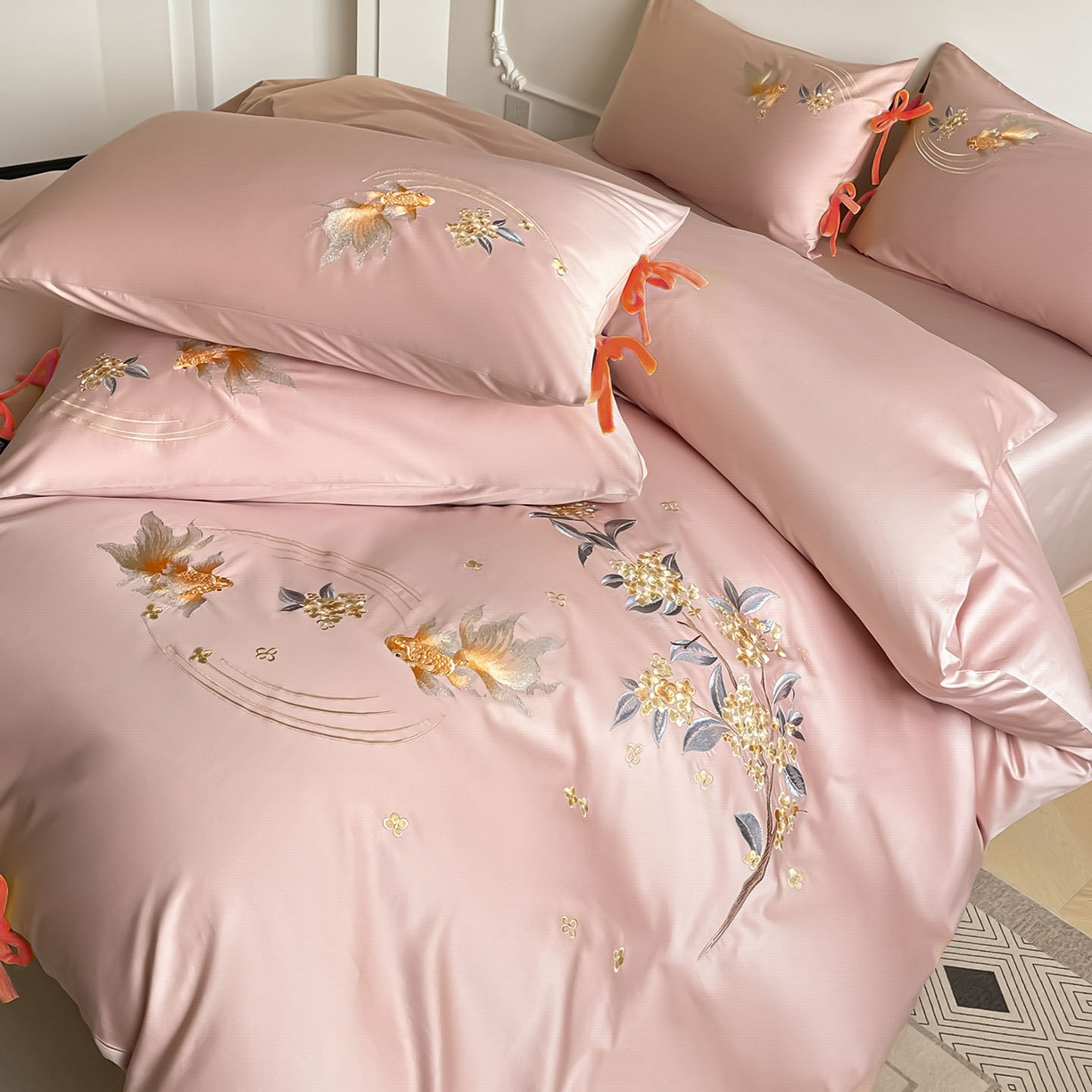 91家纺网 家纺一手货源 找家纺 （总） 2026新款50S双股A类长绒棉纯棉四件套全棉喜庆刺绣被套床单床笠-福瑞锦鲤