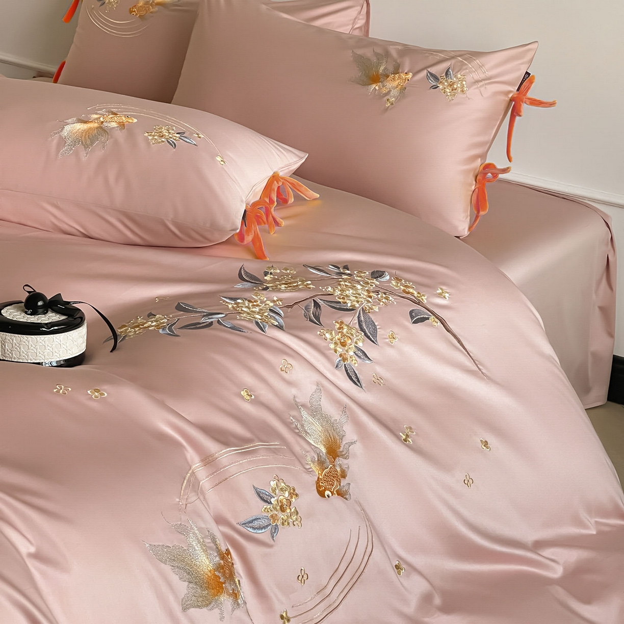 91家纺网 家纺一手货源 找家纺 （总） 2026新款50S双股A类长绒棉纯棉四件套全棉喜庆刺绣被套床单床笠-福瑞锦鲤