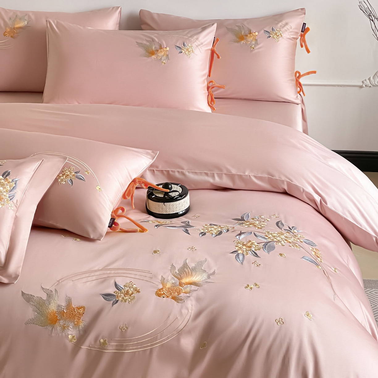 91家纺网 家纺一手货源 找家纺 （总） 2026新款50S双股A类长绒棉纯棉四件套全棉喜庆刺绣被套床单床笠-福瑞锦鲤