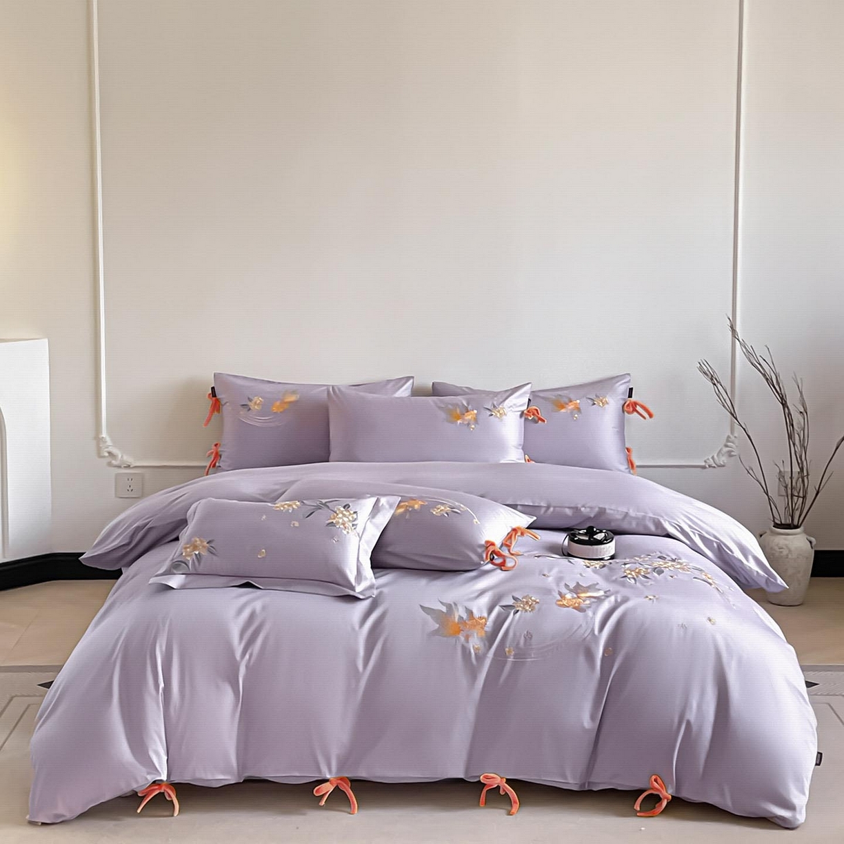 91家纺网 家纺一手货源 找家纺  2026新款50S双股A类长绒棉纯棉四件套全棉喜庆刺绣被套床单床笠-福瑞锦鲤 福瑞锦鲤-紫