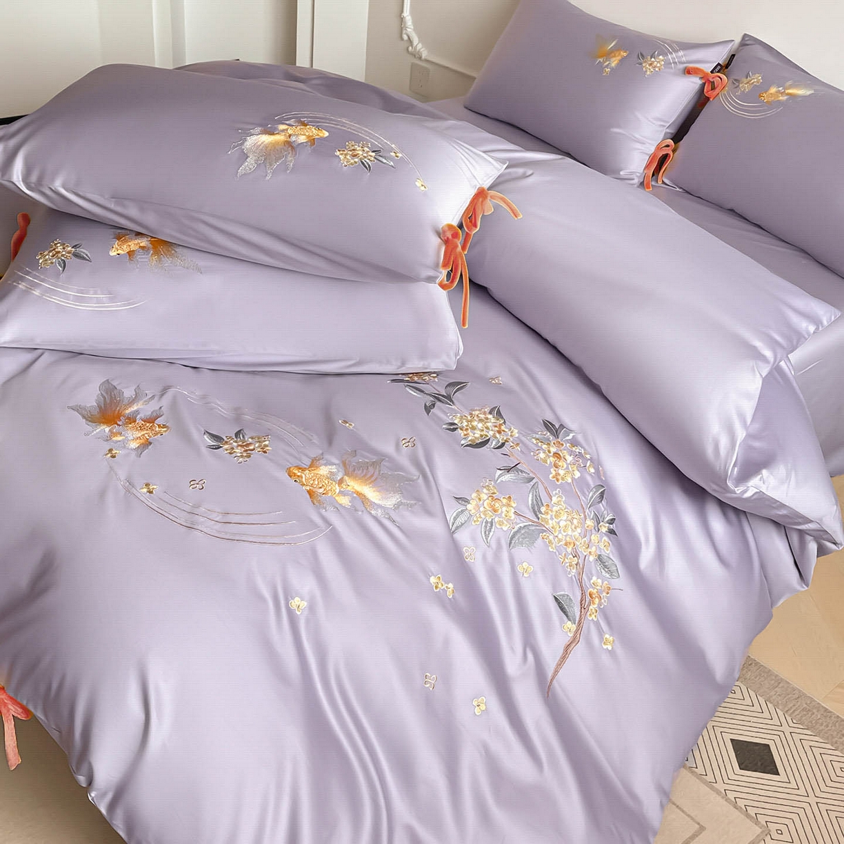 91家纺网 家纺一手货源 找家纺  2026新款50S双股A类长绒棉纯棉四件套全棉喜庆刺绣被套床单床笠-福瑞锦鲤 福瑞锦鲤-紫