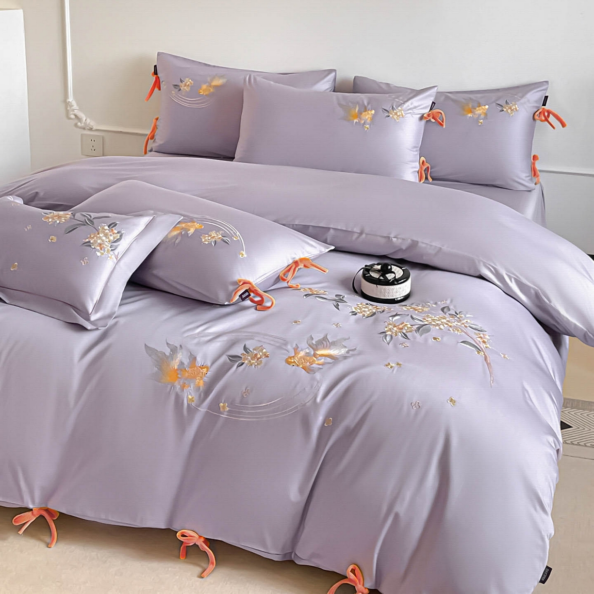 91家纺网 家纺一手货源 找家纺  2026新款50S双股A类长绒棉纯棉四件套全棉喜庆刺绣被套床单床笠-福瑞锦鲤 福瑞锦鲤-紫