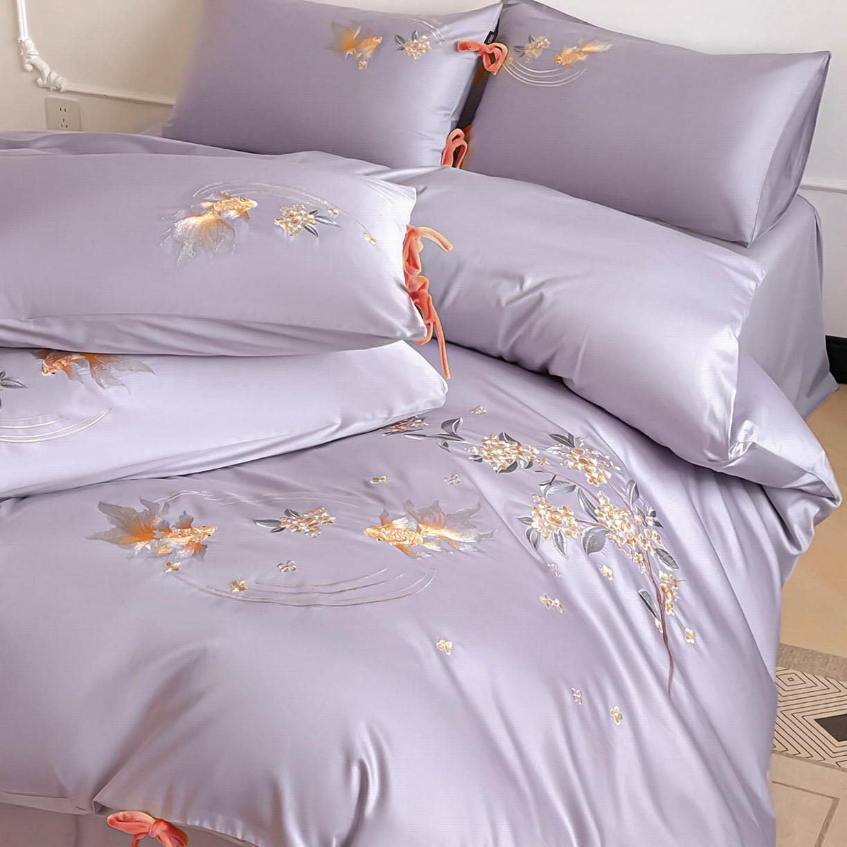 91家纺网 家纺一手货源 找家纺  2026新款50S双股A类长绒棉纯棉四件套全棉喜庆刺绣被套床单床笠-福瑞锦鲤 福瑞锦鲤-紫