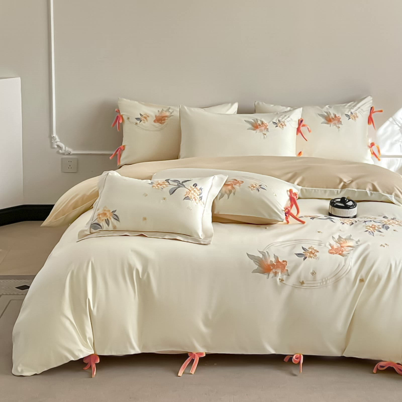 91家纺网 家纺一手货源 找家纺  2026新款50S双股A类长绒棉纯棉四件套全棉喜庆刺绣被套床单床笠-福瑞锦鲤 福瑞锦鲤-金