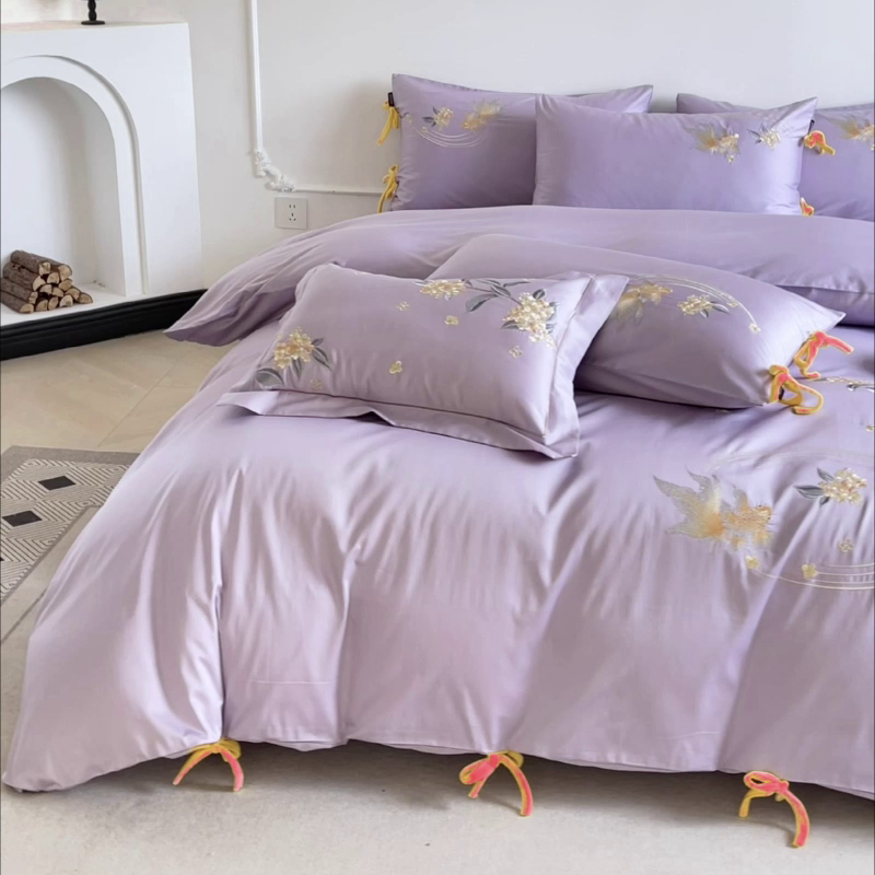91家纺网 家纺一手货源 找家纺  2026新款50S双股A类长绒棉纯棉四件套全棉喜庆刺绣被套床单床笠-福瑞锦鲤 福瑞锦鲤-紫