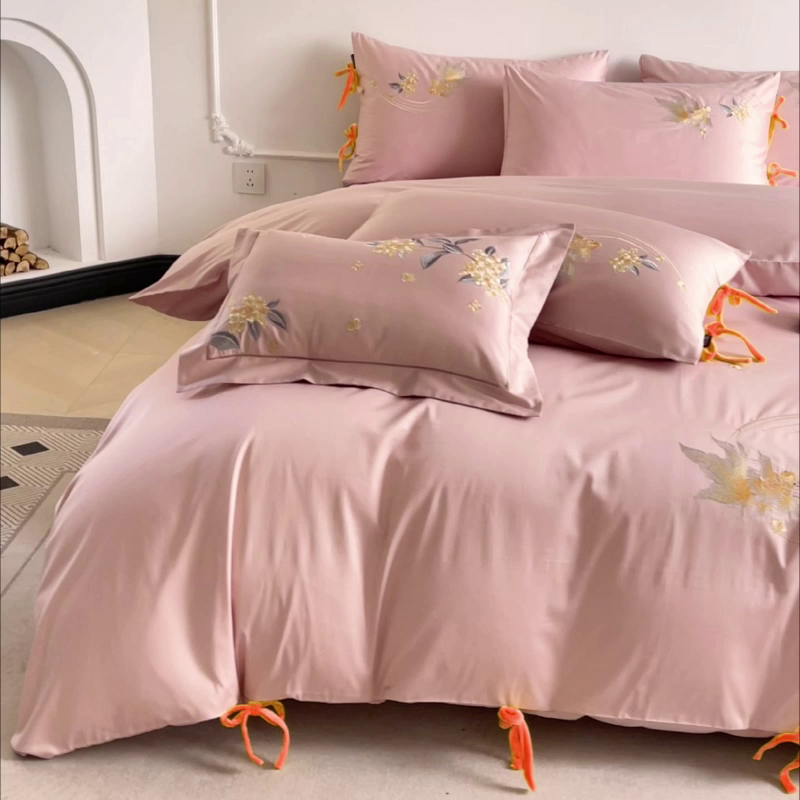 91家纺网 家纺一手货源 找家纺  2026新款50S双股A类长绒棉纯棉四件套全棉喜庆刺绣被套床单床笠-福瑞锦鲤 福瑞锦鲤-粉