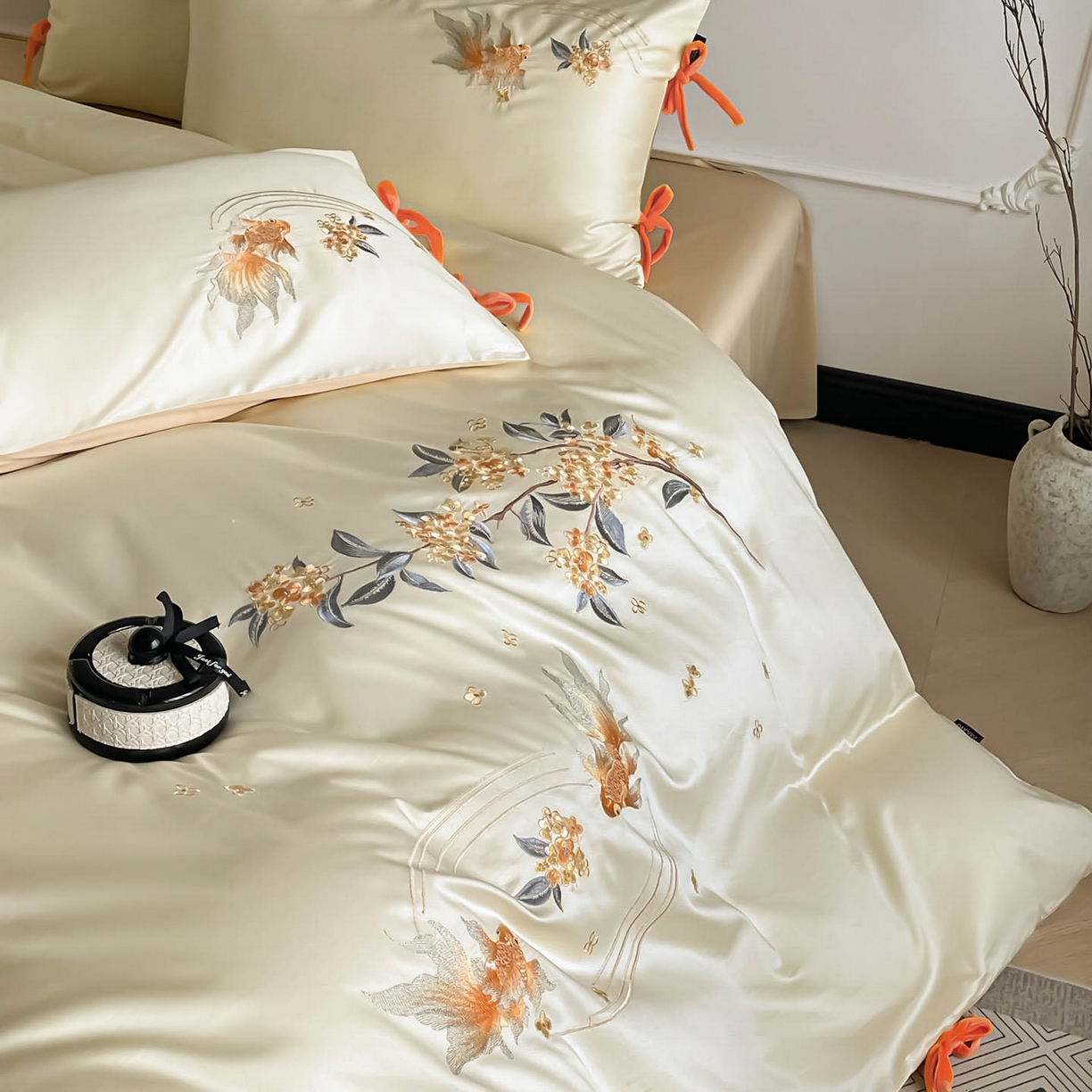 91家纺网 家纺一手货源 找家纺 （总） 2026新款50S双股A类长绒棉纯棉四件套全棉喜庆刺绣被套床单床笠-福瑞锦鲤