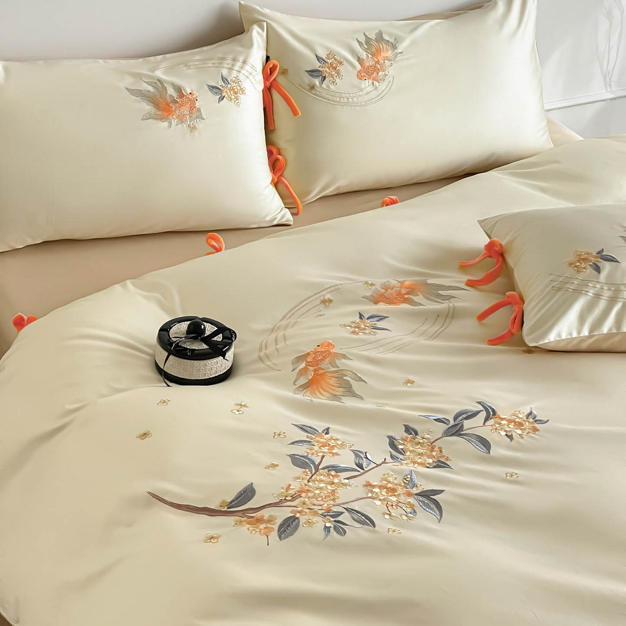 91家纺网 家纺一手货源 找家纺 （总） 2026新款50S双股A类长绒棉纯棉四件套全棉喜庆刺绣被套床单床笠-福瑞锦鲤