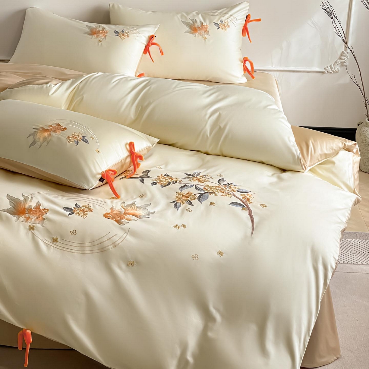 91家纺网 家纺一手货源 找家纺 （总） 2026新款50S双股A类长绒棉纯棉四件套全棉喜庆刺绣被套床单床笠-福瑞锦鲤