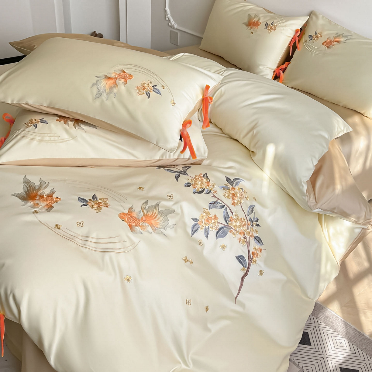 91家纺网 家纺一手货源 找家纺 （总） 2026新款50S双股A类长绒棉纯棉四件套全棉喜庆刺绣被套床单床笠-福瑞锦鲤