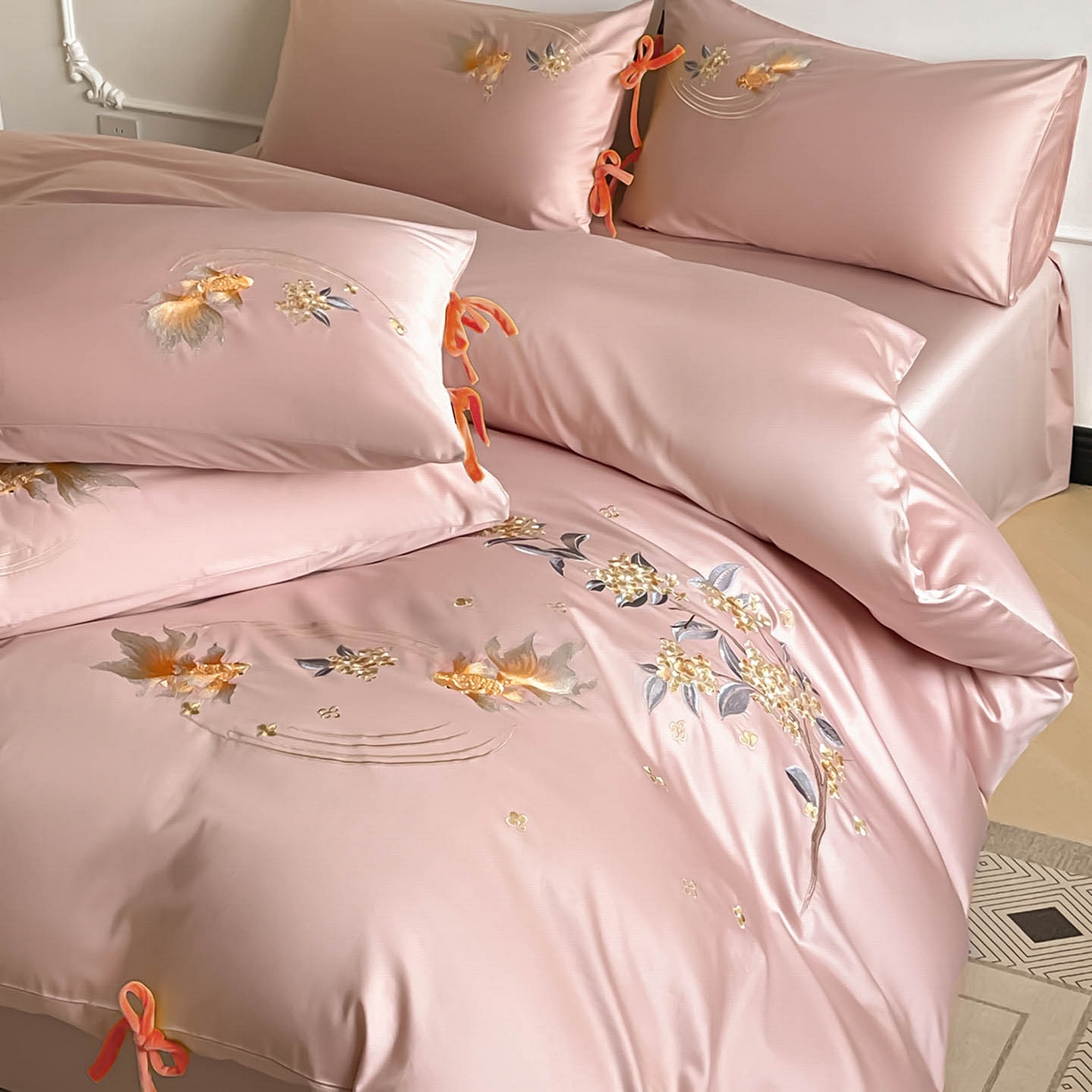  2026新款50S双股A类长绒棉纯棉四件套全棉喜庆刺绣被套床单床笠-福瑞锦鲤 福瑞锦鲤-粉
