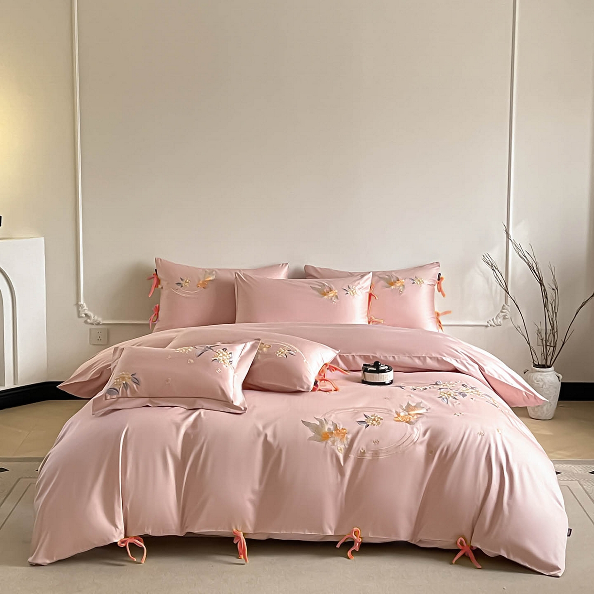 91家纺网 家纺一手货源 找家纺  2026新款50S双股A类长绒棉纯棉四件套全棉喜庆刺绣被套床单床笠-福瑞锦鲤 福瑞锦鲤-粉