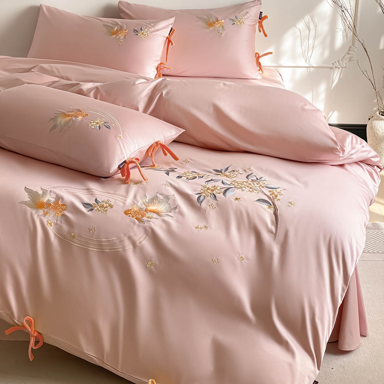 91家纺网 家纺一手货源 找家纺  2026新款50S双股A类长绒棉纯棉四件套全棉喜庆刺绣被套床单床笠-福瑞锦鲤 福瑞锦鲤-粉