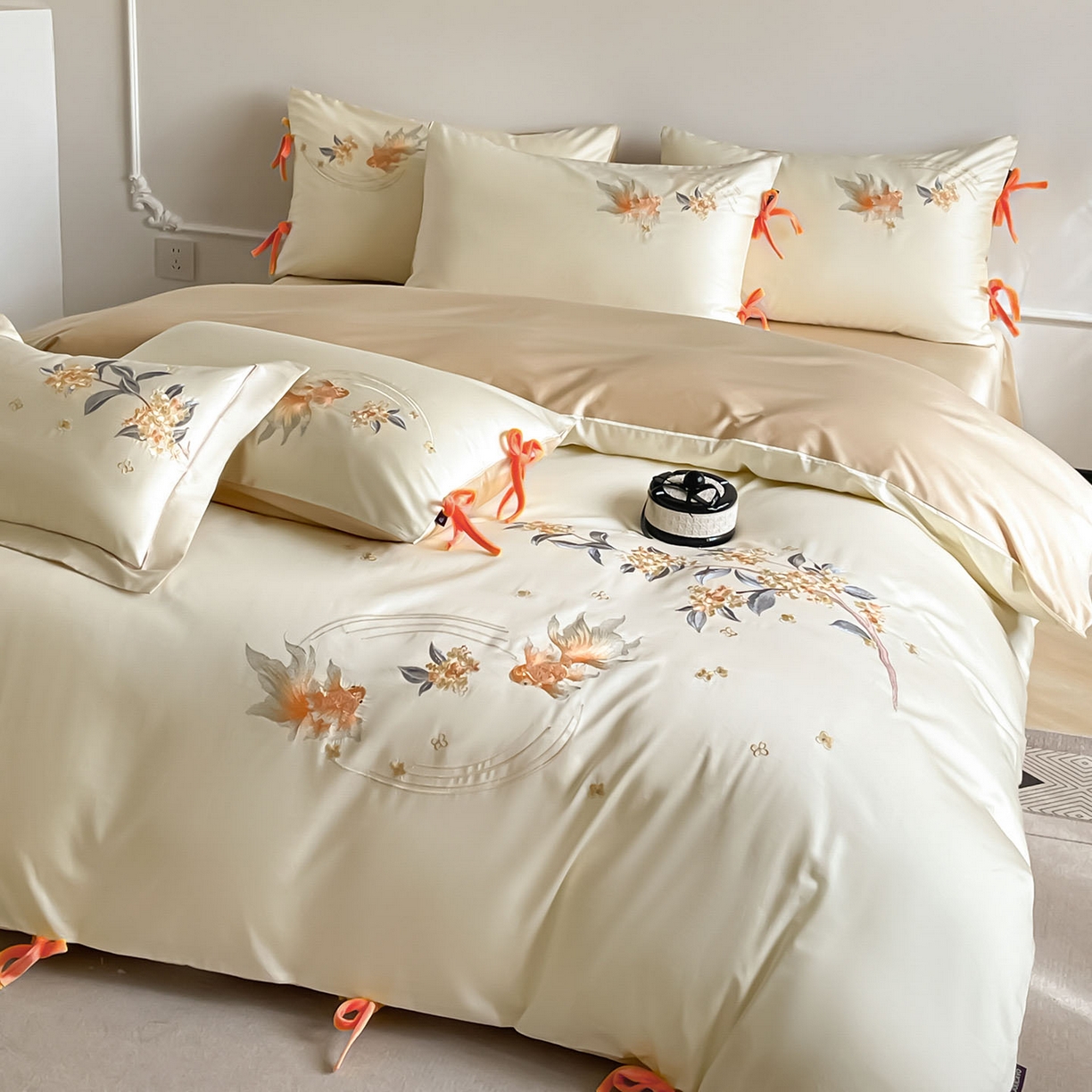 91家纺网 家纺一手货源 找家纺  2026新款50S双股A类长绒棉纯棉四件套全棉喜庆刺绣被套床单床笠-福瑞锦鲤 福瑞锦鲤-金