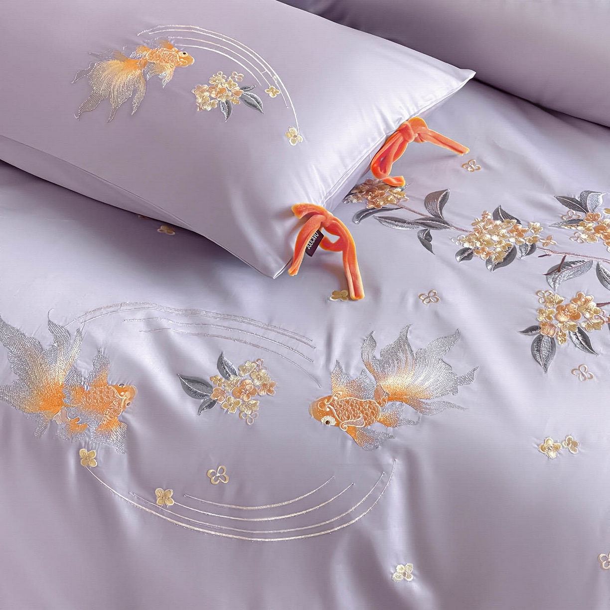 91家纺网 家纺一手货源 找家纺  2026新款50S双股A类长绒棉纯棉四件套全棉喜庆刺绣被套床单床笠-福瑞锦鲤 福瑞锦鲤-紫
