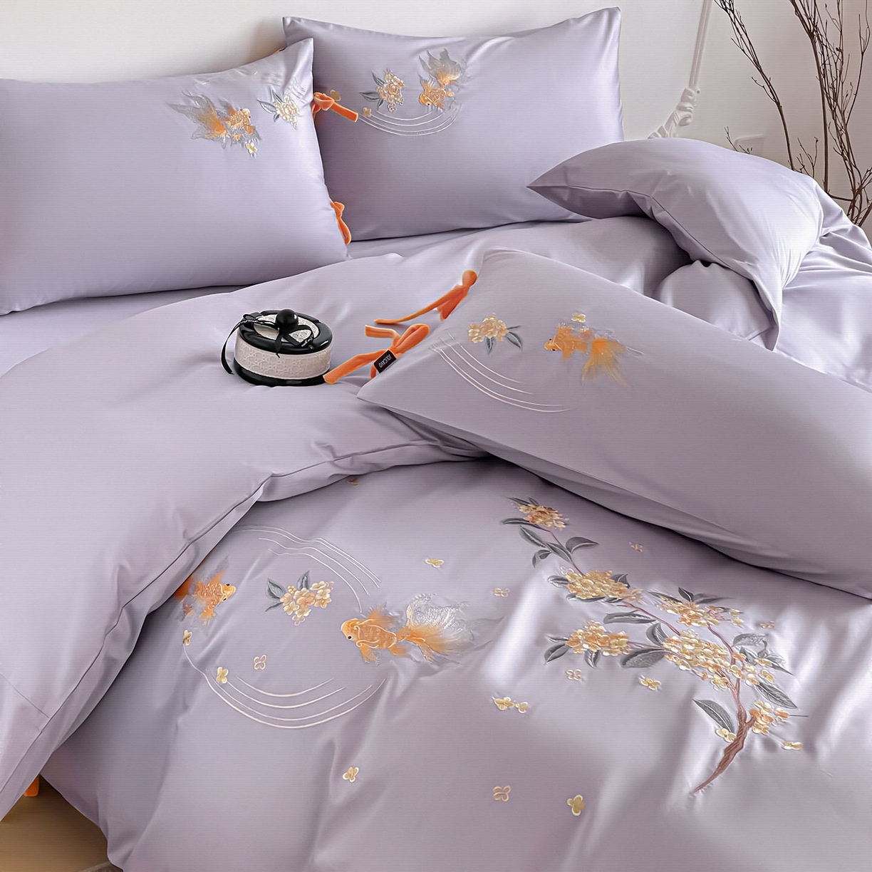 91家纺网 家纺一手货源 找家纺  2026新款50S双股A类长绒棉纯棉四件套全棉喜庆刺绣被套床单床笠-福瑞锦鲤 福瑞锦鲤-紫