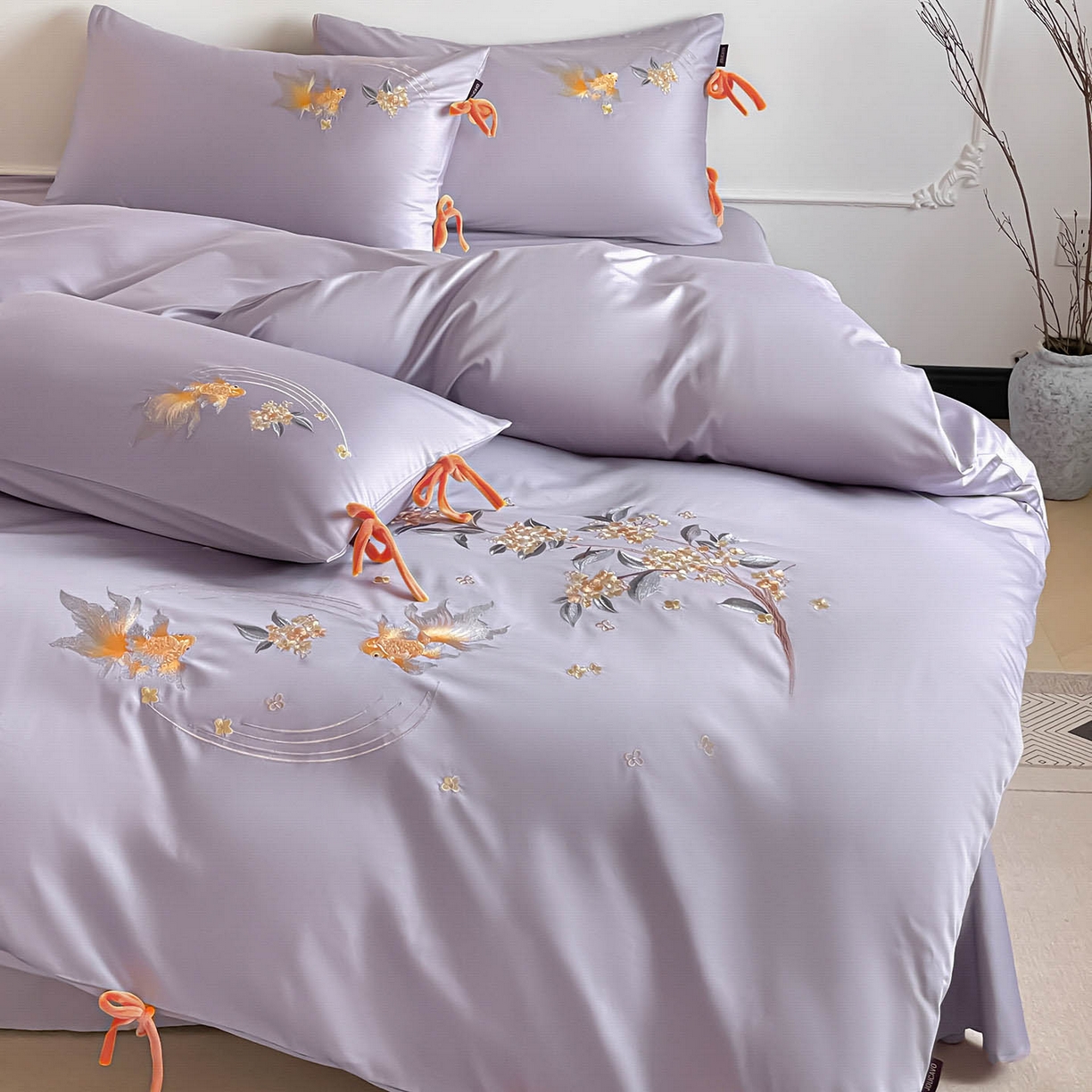 91家纺网 家纺一手货源 找家纺  2026新款50S双股A类长绒棉纯棉四件套全棉喜庆刺绣被套床单床笠-福瑞锦鲤 福瑞锦鲤-紫