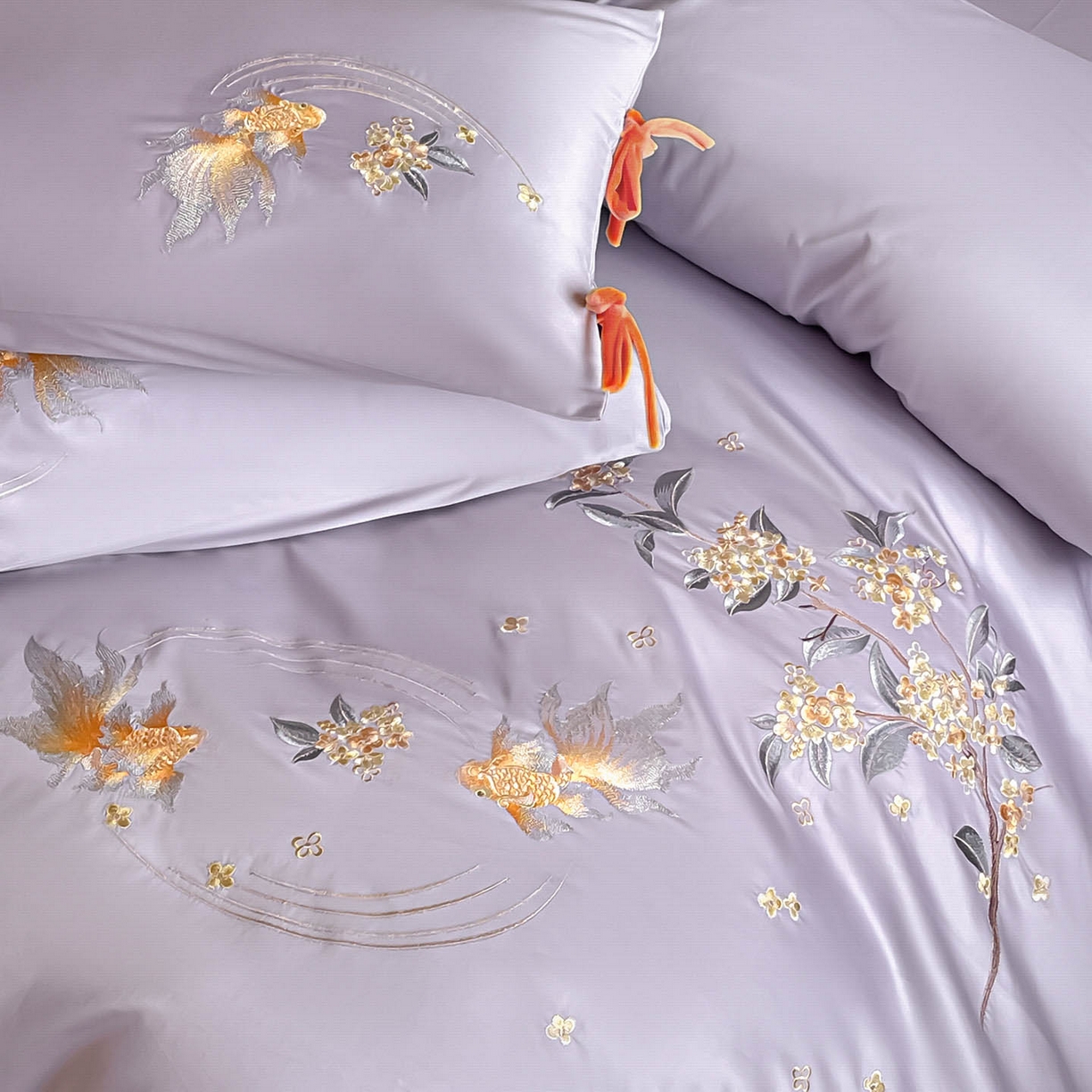 91家纺网 家纺一手货源 找家纺  2026新款50S双股A类长绒棉纯棉四件套全棉喜庆刺绣被套床单床笠-福瑞锦鲤 福瑞锦鲤-紫