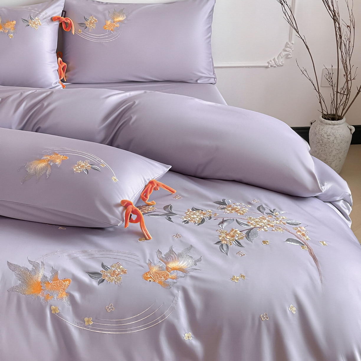 91家纺网 家纺一手货源 找家纺  2026新款50S双股A类长绒棉纯棉四件套全棉喜庆刺绣被套床单床笠-福瑞锦鲤 福瑞锦鲤-紫