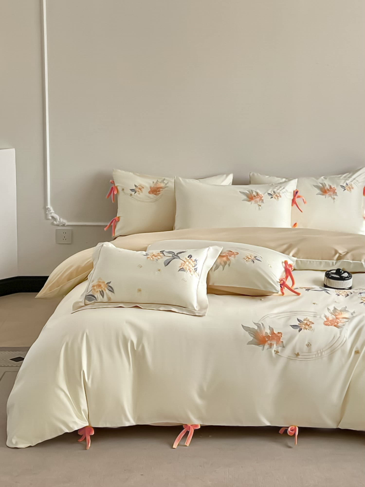 91家纺网 家纺一手货源 找家纺 （总） 2026新款50S双股A类长绒棉纯棉四件套全棉喜庆刺绣被套床单床笠-福瑞锦鲤