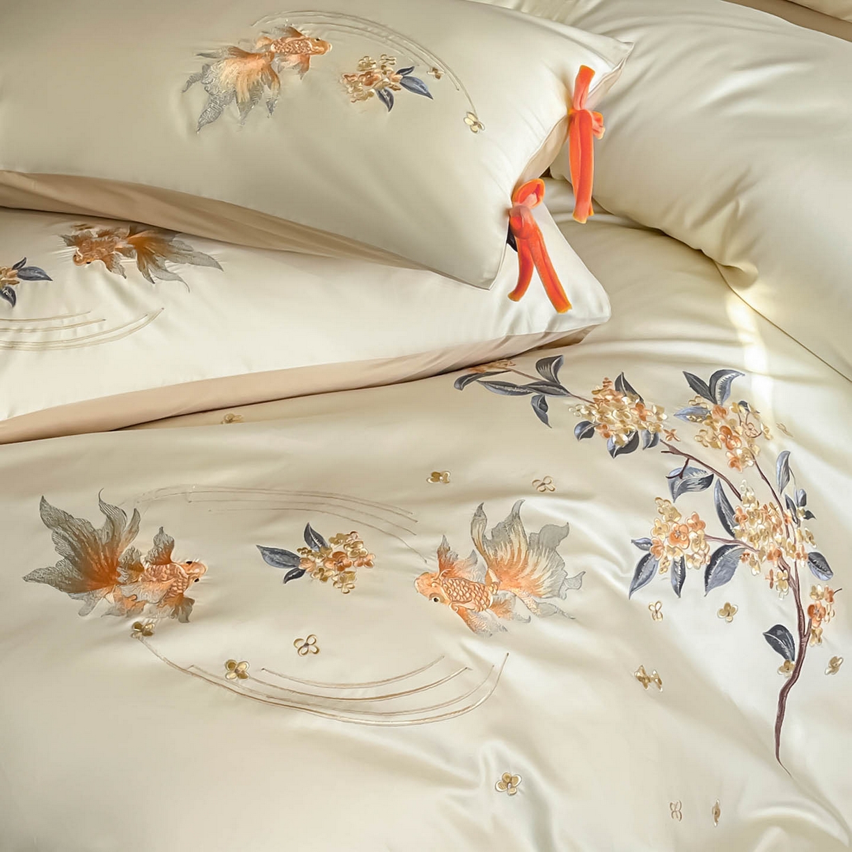91家纺网 家纺一手货源 找家纺 （总） 2026新款50S双股A类长绒棉纯棉四件套全棉喜庆刺绣被套床单床笠-福瑞锦鲤