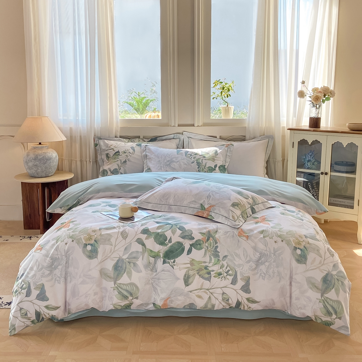 91家纺网 家纺一手货源 找家纺 XIWEN-希文家纺 2026新款40支全棉纯棉13376数码印花四件套-第一批 缠枝-绿