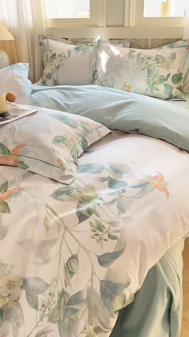 91家纺网 家纺一手货源 找家纺 XIWEN-希文家纺 2026新款40支全棉纯棉13376数码印花四件套-第一批 缠枝-绿