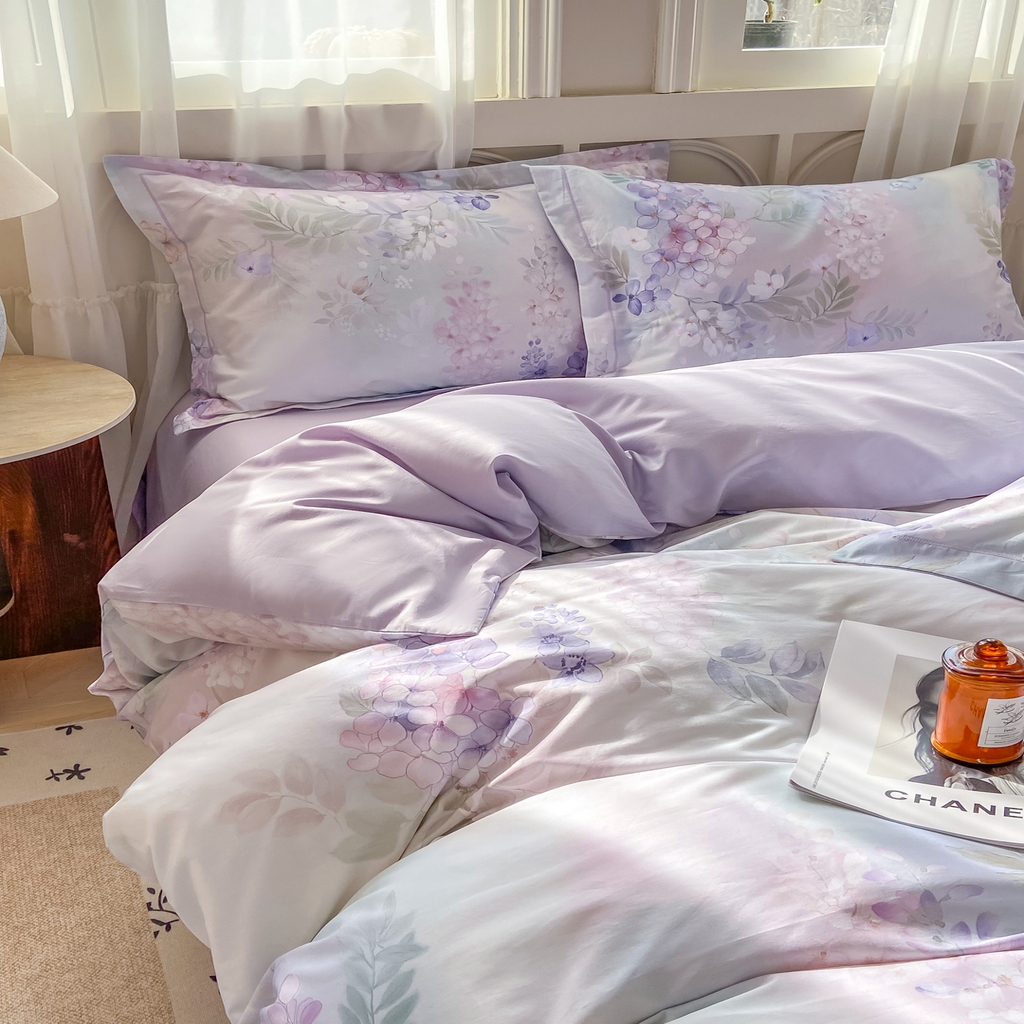 91家纺网 家纺一手货源 找家纺 XIWEN-希文家纺 2026新款40支全棉纯棉13376数码印花四件套-第一批 风铃-紫