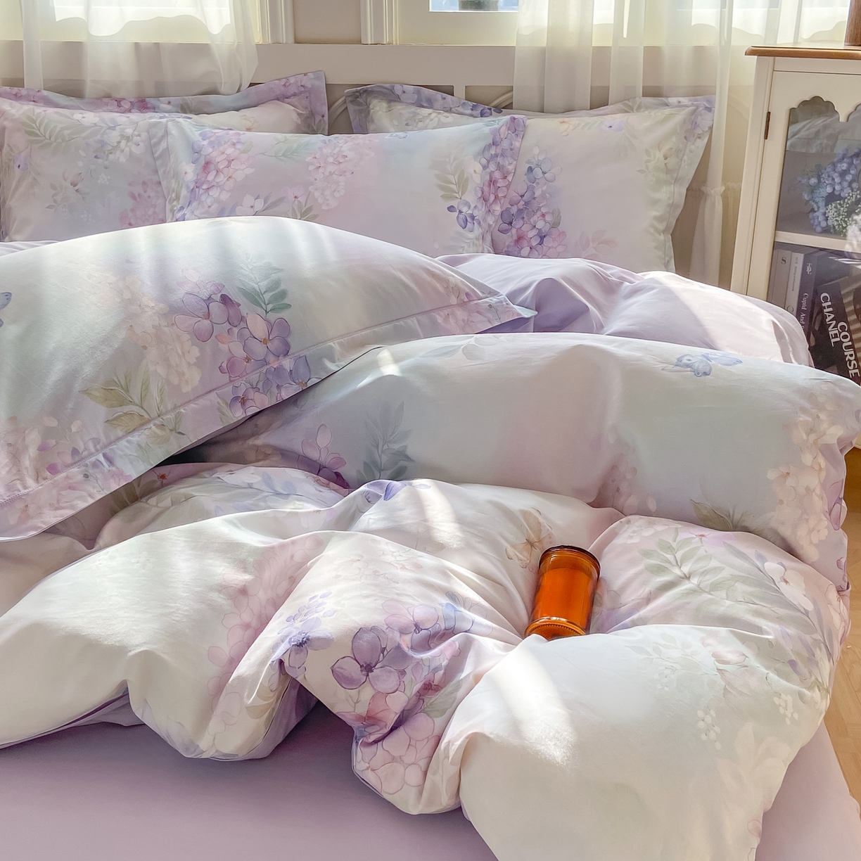 91家纺网 家纺一手货源 找家纺 XIWEN-希文家纺 2026新款40支全棉纯棉13376数码印花四件套-第一批 风铃-紫