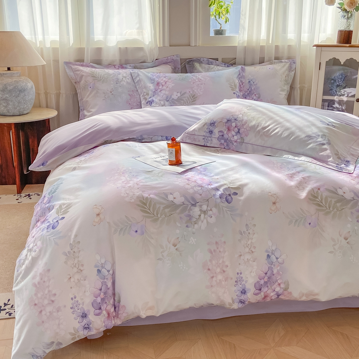 91家纺网 家纺一手货源 找家纺 XIWEN-希文家纺 2026新款40支全棉纯棉13376数码印花四件套-第一批 风铃-紫