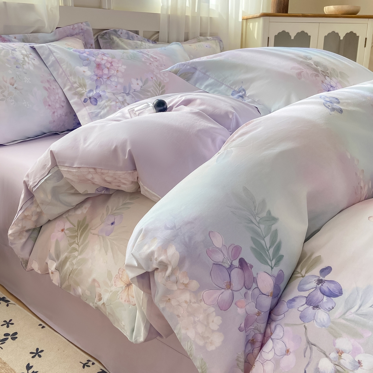 91家纺网 家纺一手货源 找家纺 XIWEN-希文家纺 2026新款40支全棉纯棉13376数码印花四件套-第一批 风铃-紫